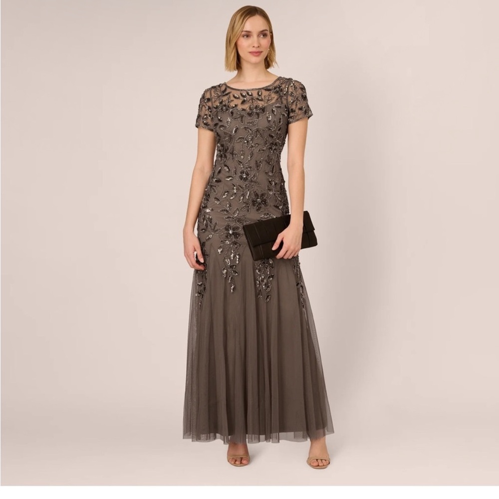 Adrianna Papell Beaded Illusion Tulle Gown SZ 10 NWT Brown Maxi MOB